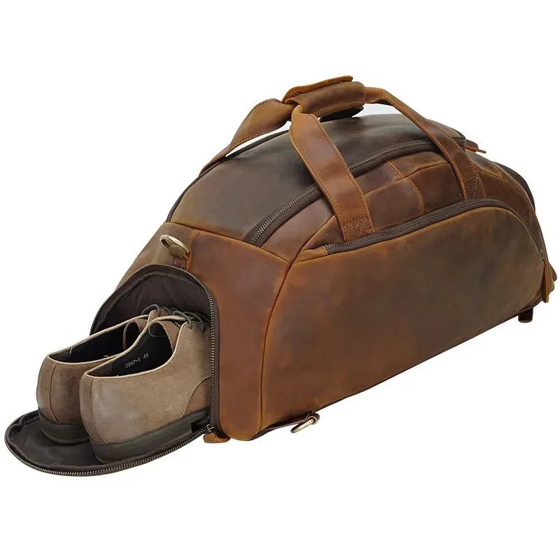 High quality custom design full-grain cowhide leather retro duffel bag backpack weekend travel bag luggage zipper unisex