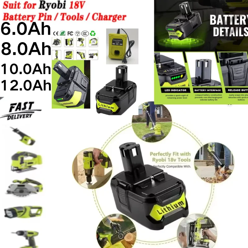 6.0Ah 9.0Ah 12Ah 18AhBattery Pack For RYOBI P108 P103 18V Battery 18 Volt Lithium-Ion Power Tools P104 P107 RB18L50 RB18L20 P108