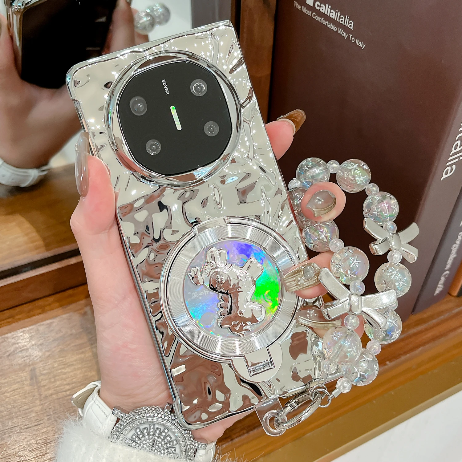 

For HUAWEI Mate X3 X5 X6 Case Plated Waves Pattern Mobile Phone Cover With Strap And Horse Phone Holder