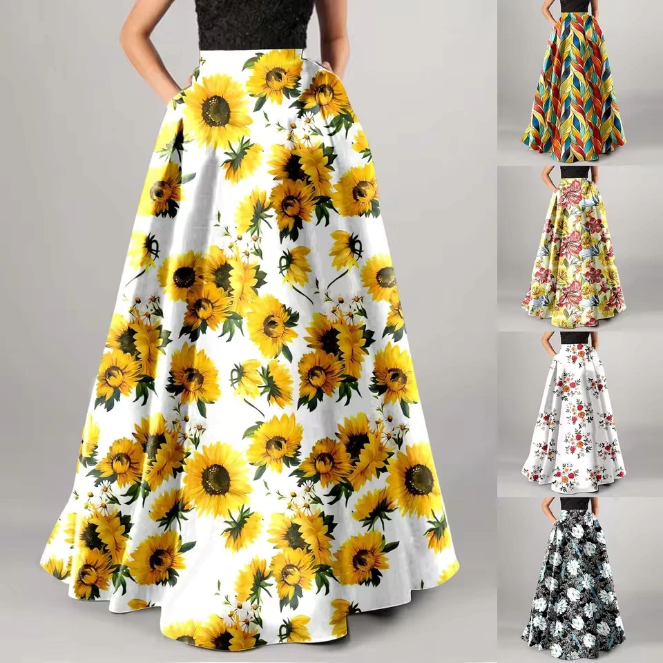 

Holiday Dress Outfits 2024 Women Bohemian Floral Print Maxi Skirt High Waist Pocket Party Beach Long Skirt Ropa Para Mujer