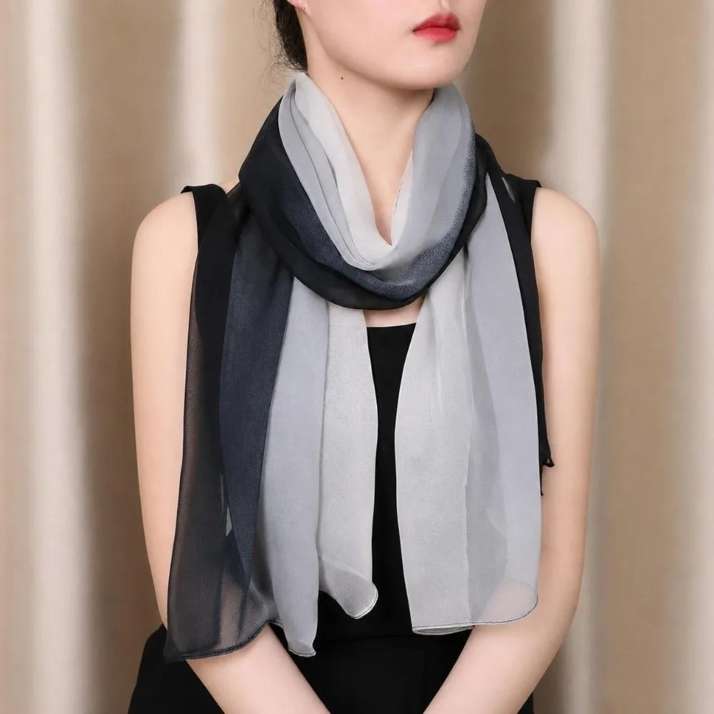 Chic Gradient Color Simulation Silk Scarf 50*160CM Silky Touch Neck Scarf Sun Protection Thin Long Gauze Headwrap for Women