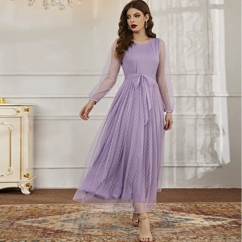 Women Eid Muslim Dresses Ramadan Morocco O Neck Loose Solid Party Dress Kaftan Long Robe Belt Arab Islam Elegant Vestidos