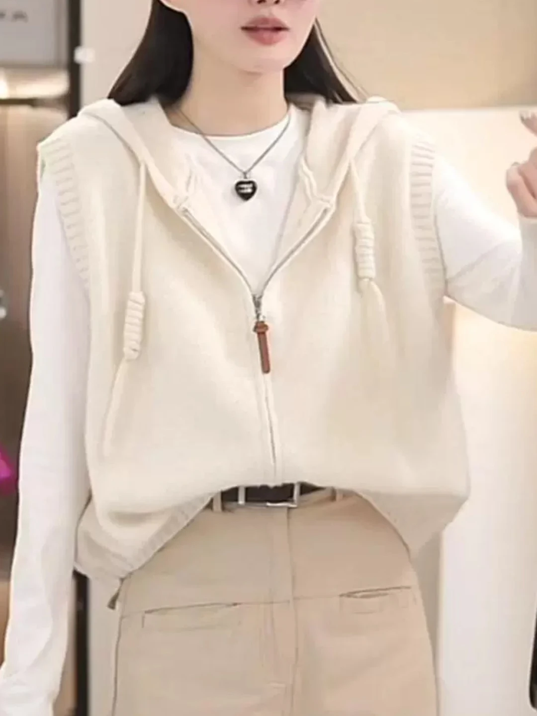 Women's Loose Knitted Vest Top Zipper Hooded Layering Base Shirt Spring Autumn Fashionable Casual Polyester Acrylic Blend