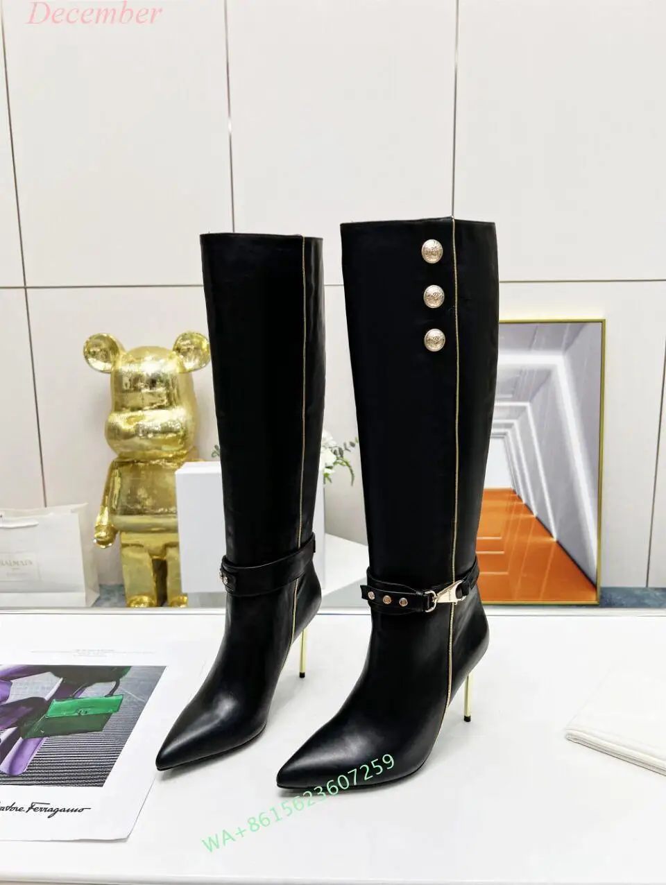 Button Suede Knee High Boots In Black Ladies Pointed Metal High Heel with Rivets Sexy Fashion Versatile Women's Boots