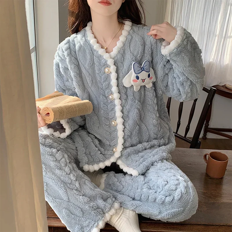 Sanrio pajamas winter warm Sanrio loungewear cartoon pajamas pants set V-neck loose two-piece set Yugui dog women's pajamas