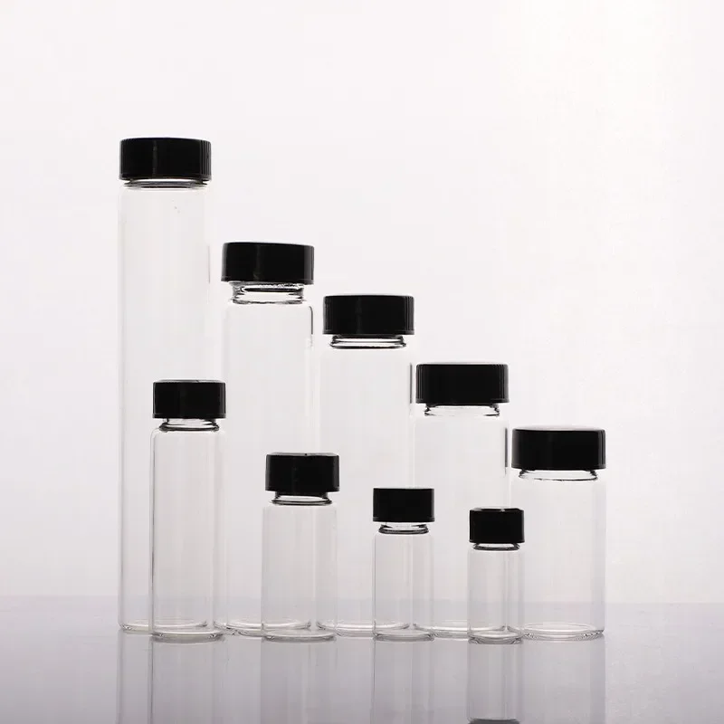 Przezroczyste szklane fiolki na próbki o pojemności od 2 ml do 60 ml, laboratoryjne butelki na odczynniki, małe przezroczyste fiolki na leki do eksperymentów chemicznych.