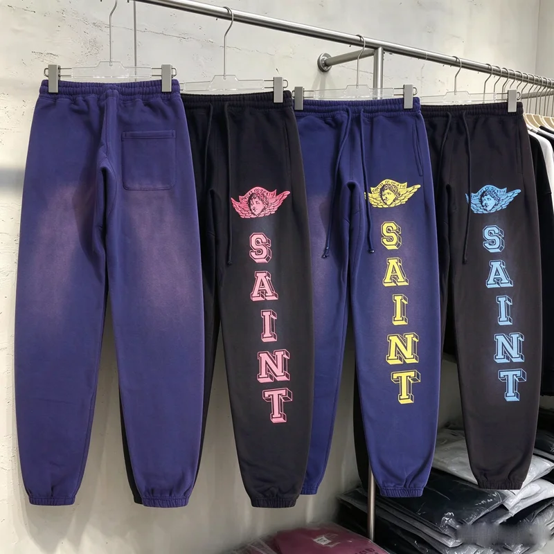 Yellow Red Blue SAINT Angel Print Sweatpants Men Women Black Track Pants High Quality Washed Distressed Loose Jogger Trousers