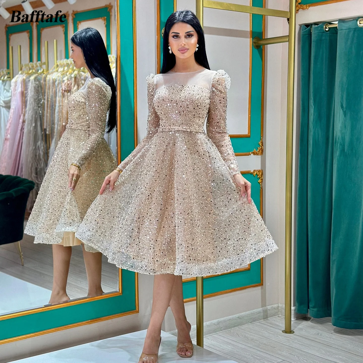 

Bafftafe Shiny Sequin Short Formal Party Dresses Customized Long Sleeves O-neck Women Special Occasion Prom Evening Dress 2025