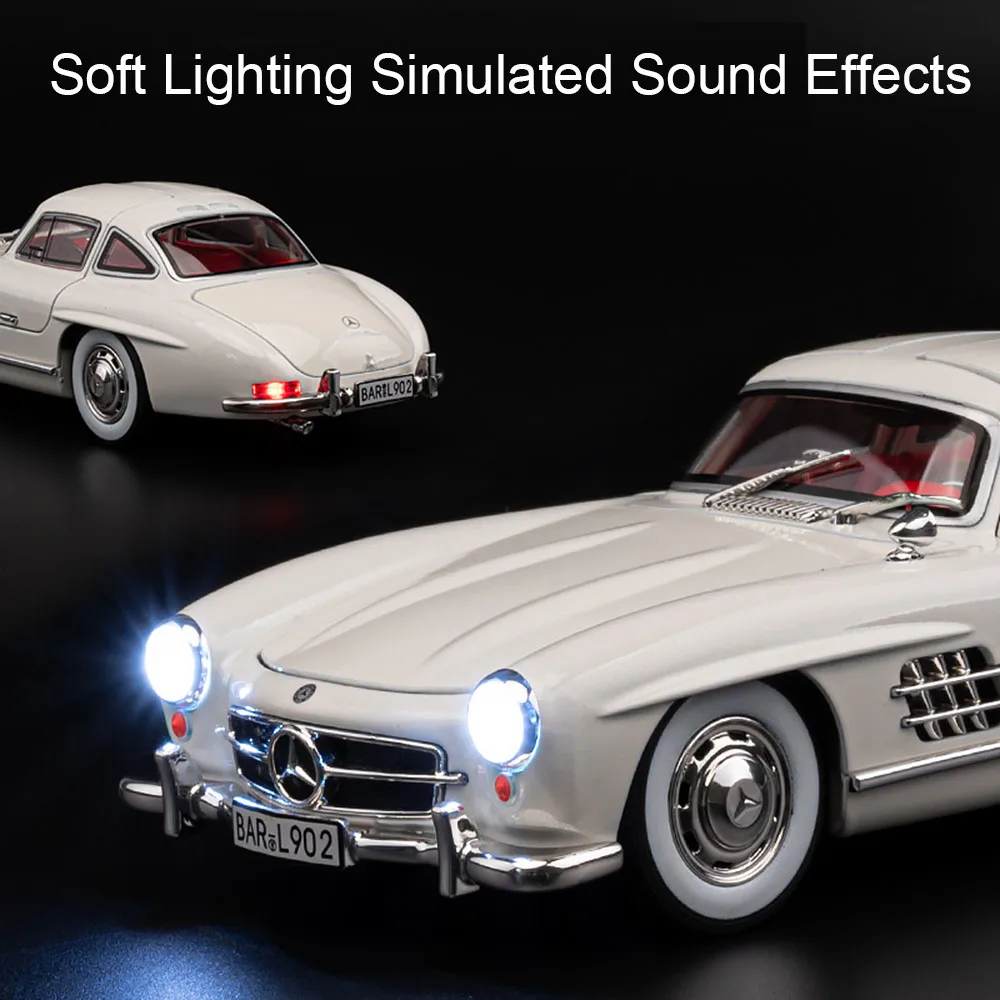 1:24 300SL Vintage Car Toy Models Alloy Diecast Vehicles 4 Doors Opened Pull Back Sound Light Simulation Vehicles for Kids Gifts