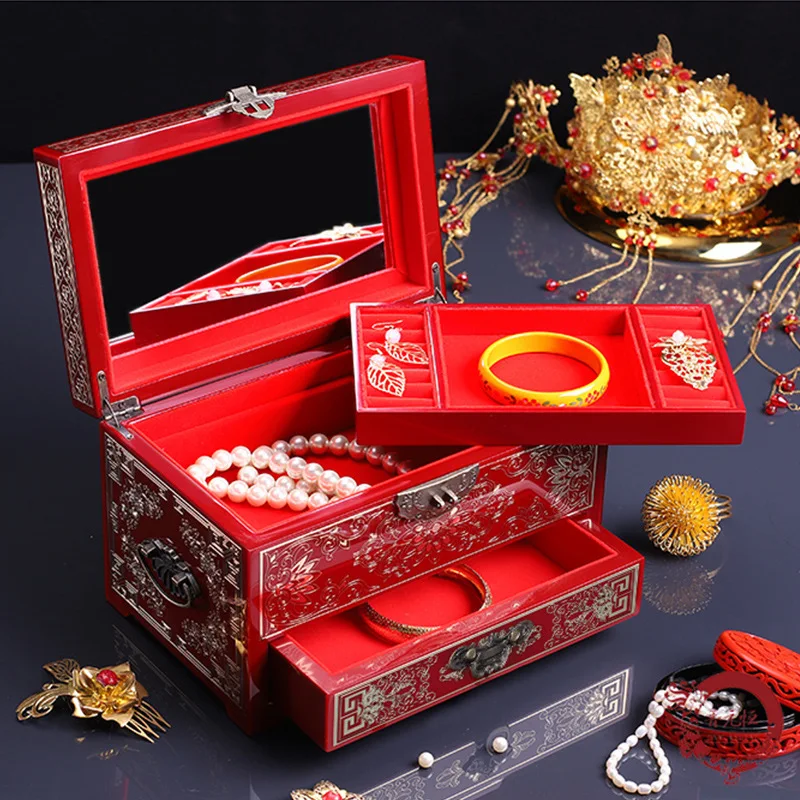 Inlaid solid wood Pingyao ancient style wedding dowry snail box retro lacquer makeup gift copper wire jewelry storage box gift