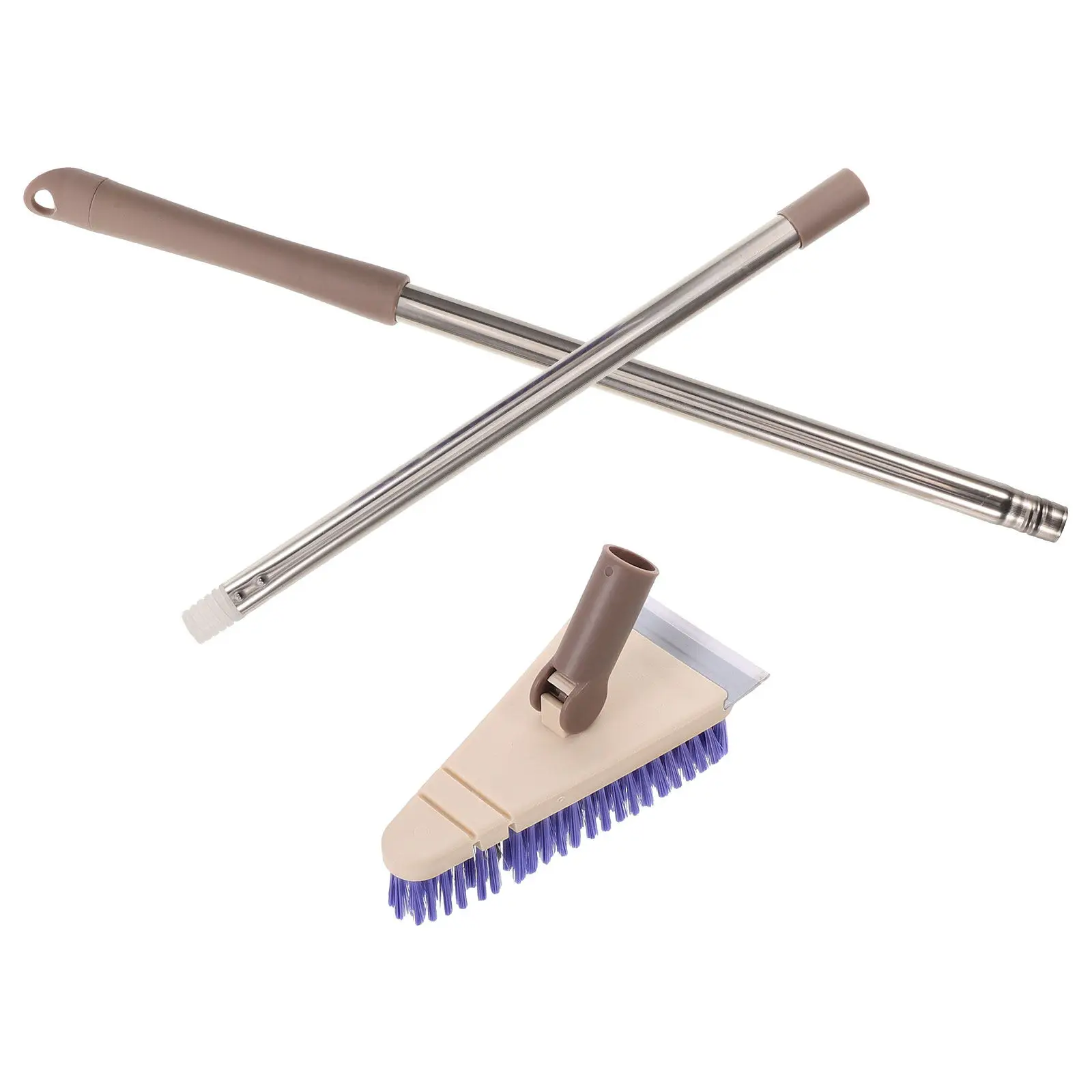 

Floor Brush Scrubber Long Handle 34.3inch Triangle Stiff Bristle Scrub Brush Builtin Squeegee 180 Degree Rotating for Bathroom