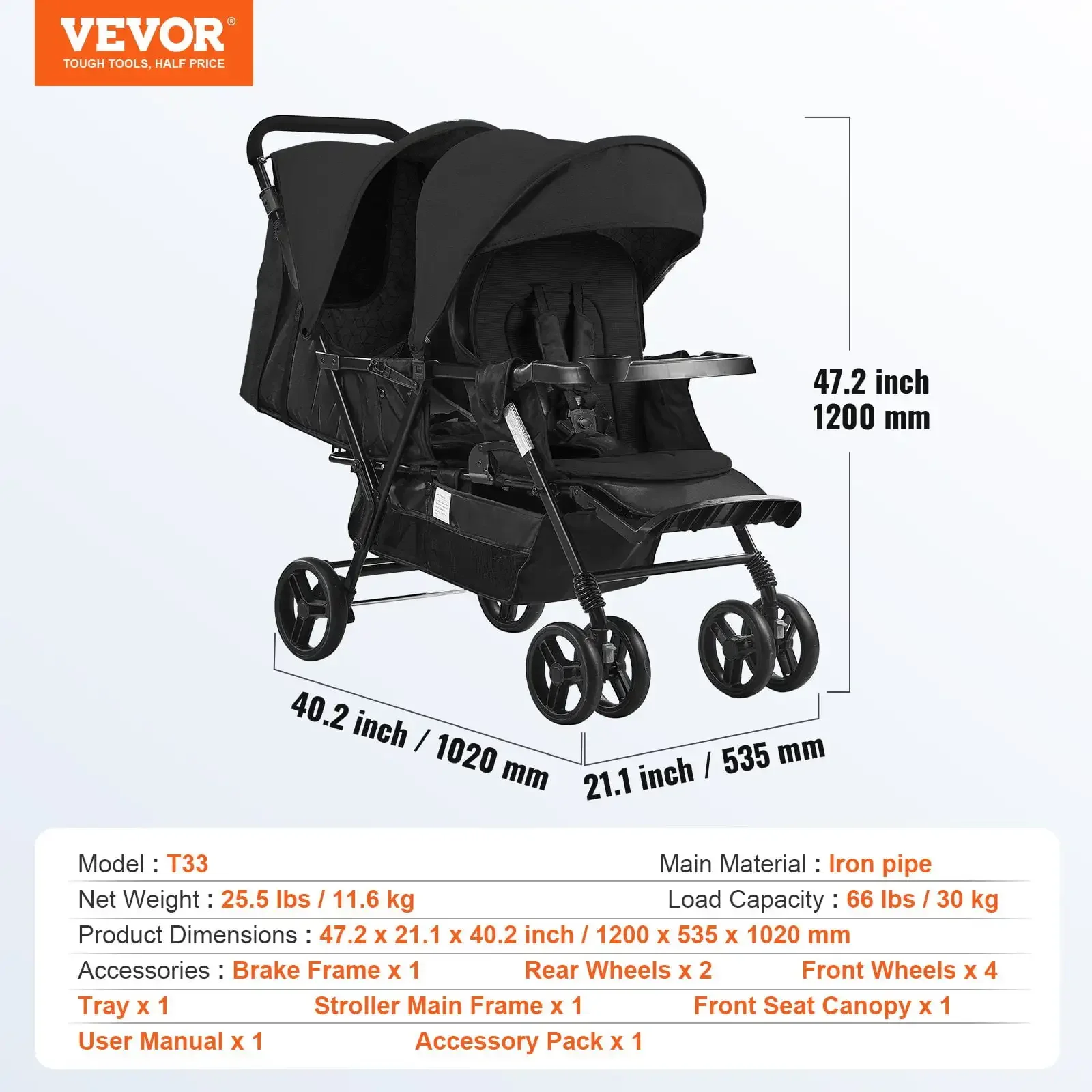 Double Stroller, Foldable Lightweight Twin Tandem Stroller