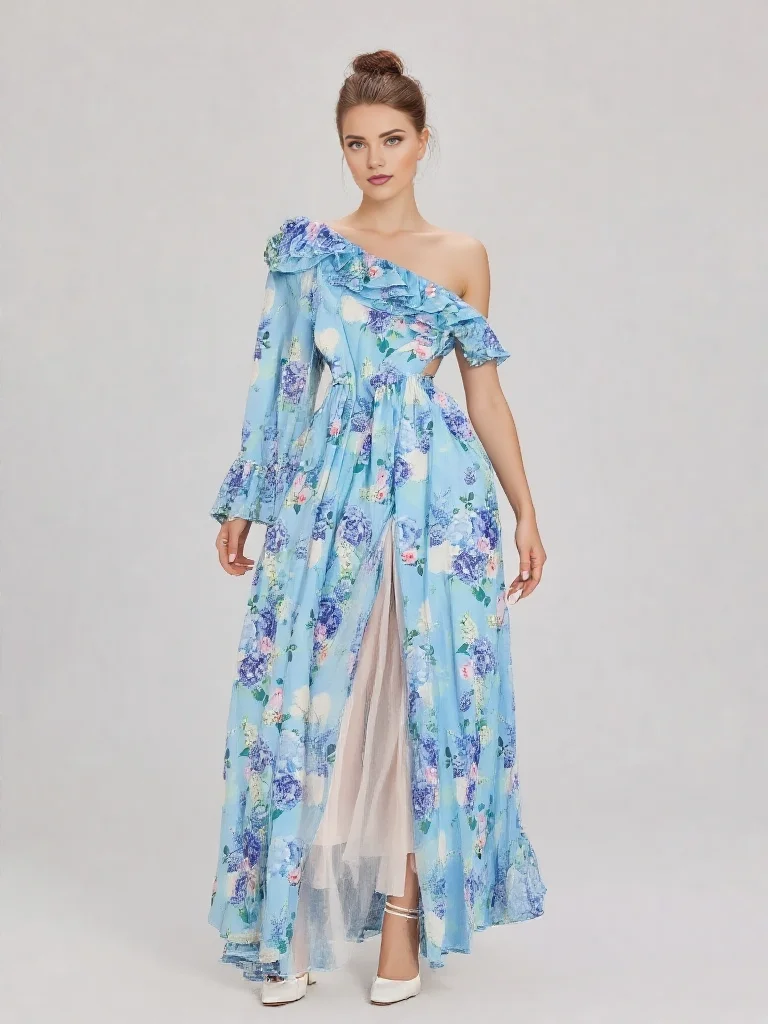 

Летнее пляжное шифоновое платье с рюшами, на одно плечо, с расклешенными рукавами, цветочным принтом, завышенной талией, А-силуэт, пышное, для отпуска 2026