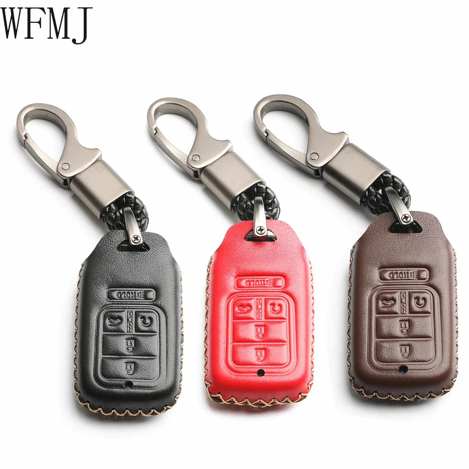 WFMJ Leather for Honda Accord Civic CR-V Pilot EX EX-L Remote 5 Buttons Key Case Holder Cover Fob Chain