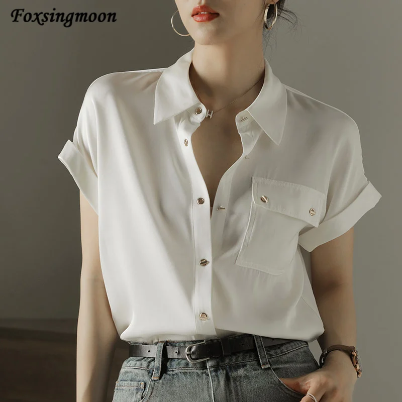 

Blouses Shirts Women Short Sleeve Tops 2022 Summer Fashion Solid Lapel Pockets White Shirts Office Lady Female Clothing Blusas