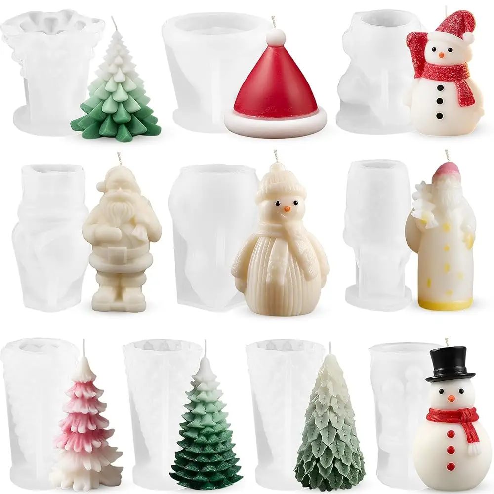 

10 Pcs Christmas Candle Mold Set Candle Silicone Molds Christmas Trees Santa Claus Xmas Hat Snowman Pine Shaped for Resin So