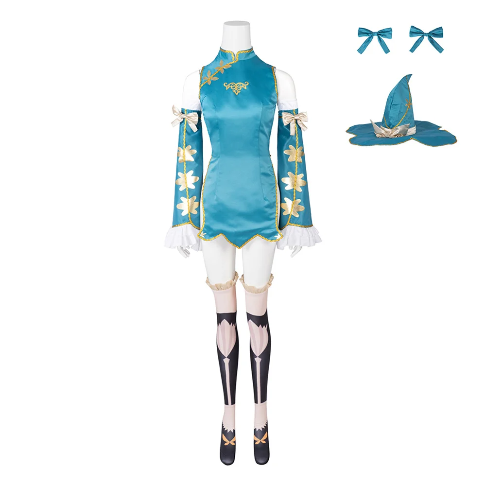 Game Shining Resonance Rinna Mayfield Cosplay Costume Blue  Dress With Hat Stocks Full Set Halloween Carnival Outfits