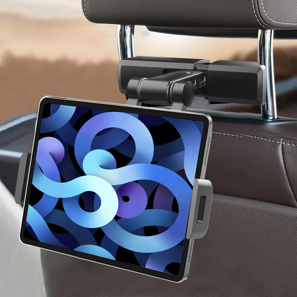HKGK Foldable Car Back Seat Headrest Tablet Phone Car Holder Stand With USB Charger Support For Xiaomi iPhone iPad Car Mount