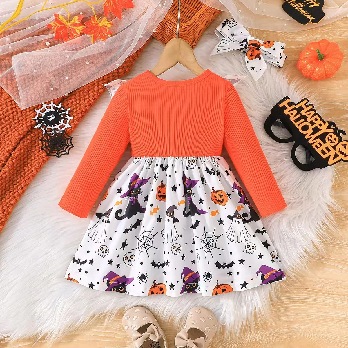 Children's Clothes Round Neck Strip Dress Headscarf 1-3 Year Baby Girl Dress Halloween Autumn Winter Dress