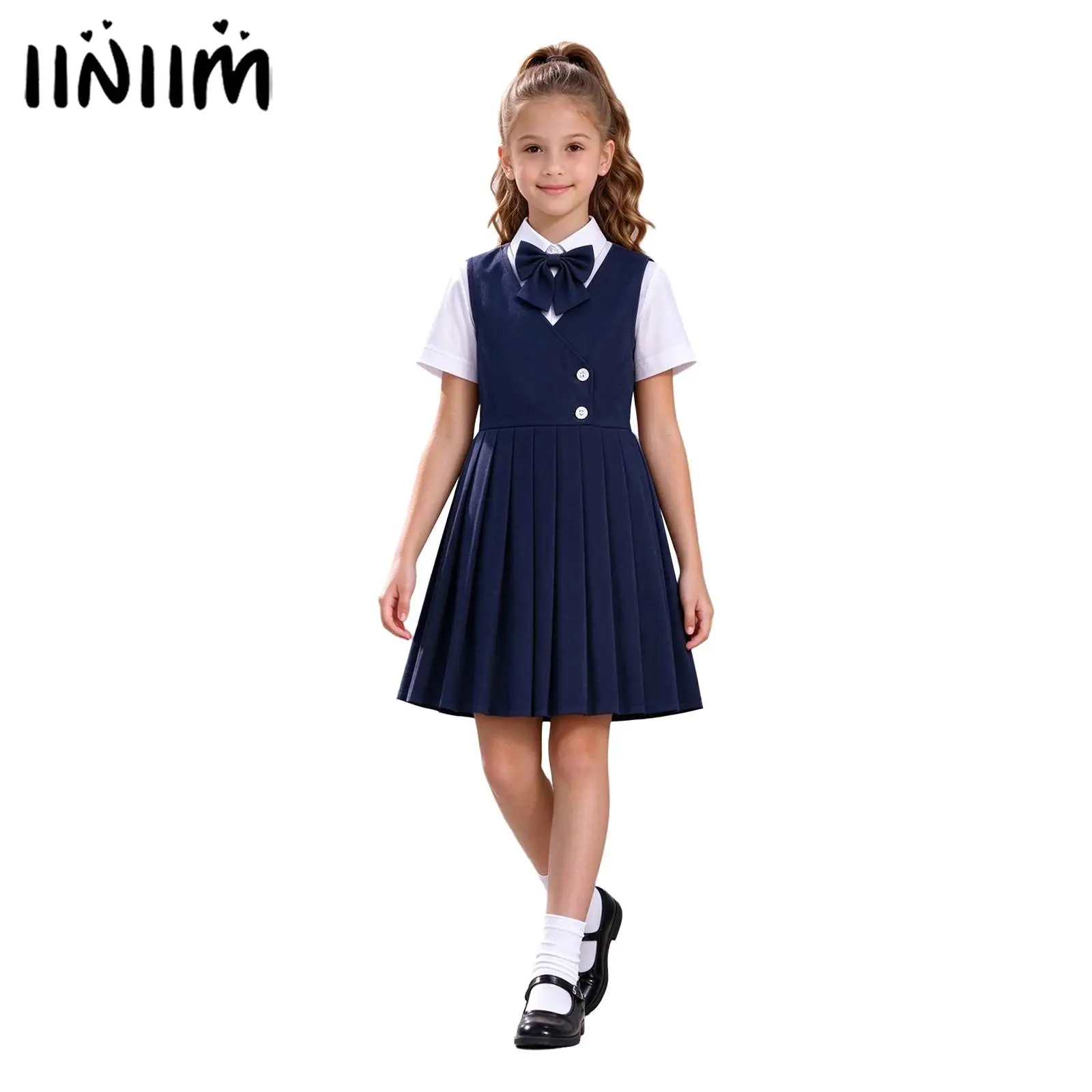 Girls School Uniform Kids Performance Choir Costume Academy Outfit Pleated Jumper Dress White Short Sleeve Shirt with Bow Tie