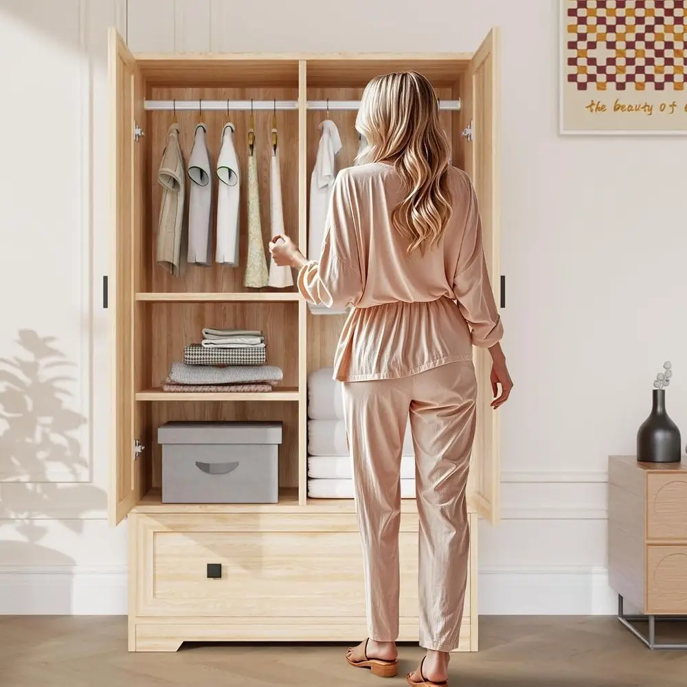 خزانة ملابس واقفة من خشب البلوط مع قضيب تعليق وأرفف وأدراج - 38 وات × 21 عمق × 65 ارتفاع لغرفة النوم أو النوم