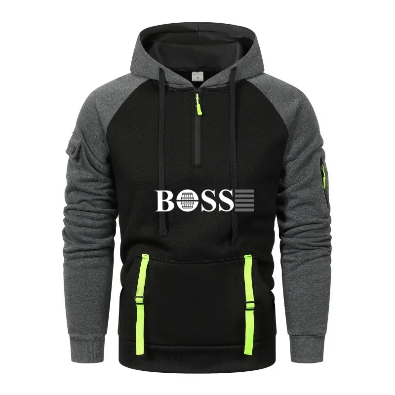 

Fashionable street men's hoodie, long-sleeved zipper multi-pocket design pullover, drawstring printed men's sweatshirt