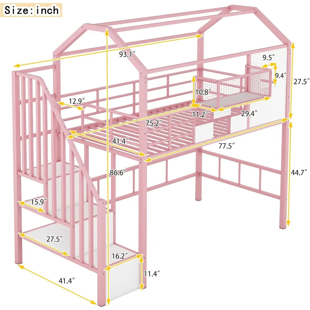 Twin Size House Loft Bed with Stairs and Storage Box, Cute Metal Loft Bed for Kids Bedroom, No Noise, Pink image 2