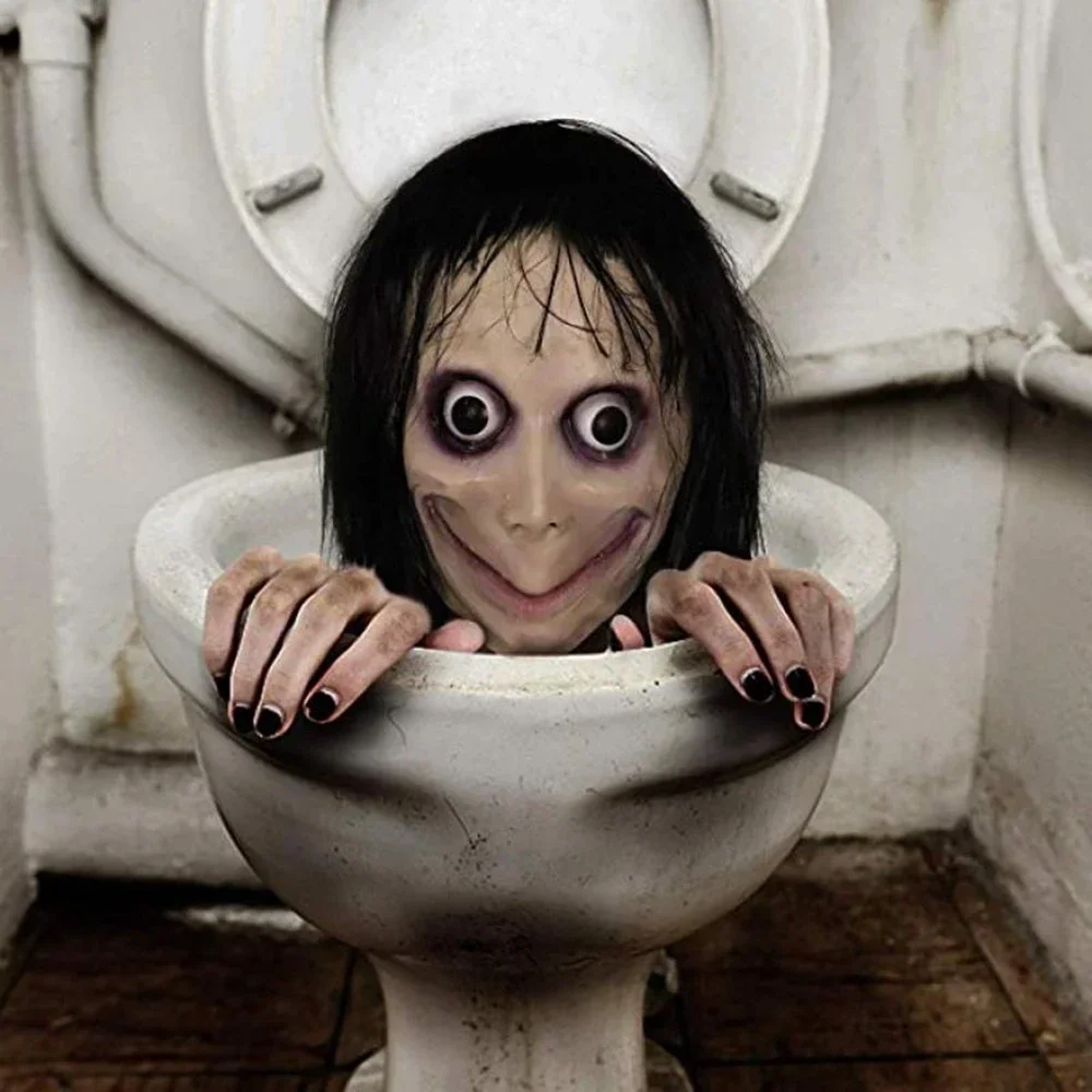 Máscara de látex de Momo para Halloween, con un diseño espeluznante y pelo largo, ideal para disfraces de Halloween, Pascua o fiestas.