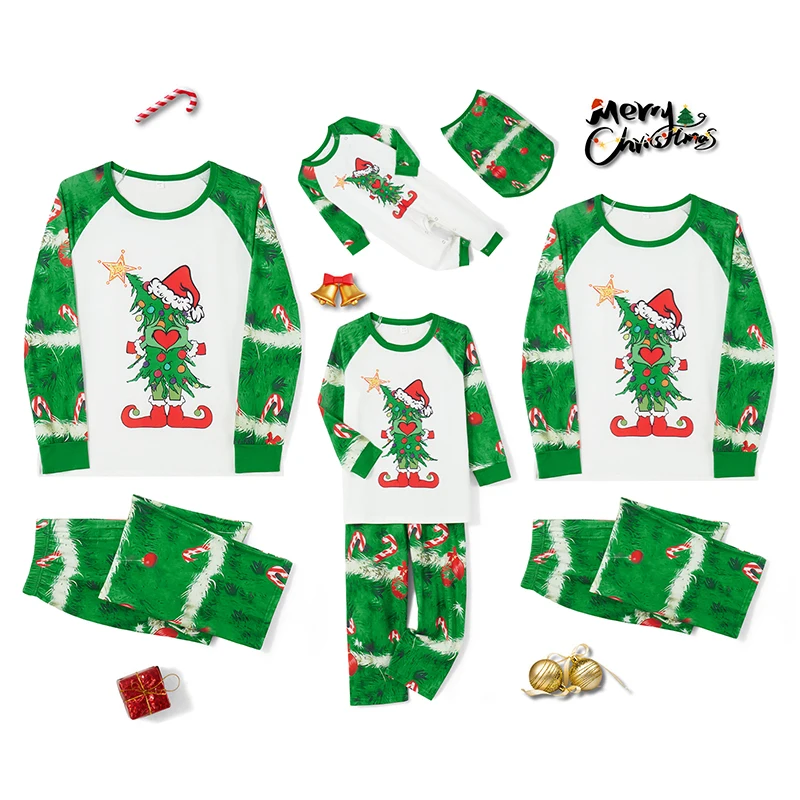 

Matching Family Christmas Pajamas Set Baby Romper Dog Outfit Heart Christmas Tree Print Long Sleeve Tops Pants Xmas Sleepwear