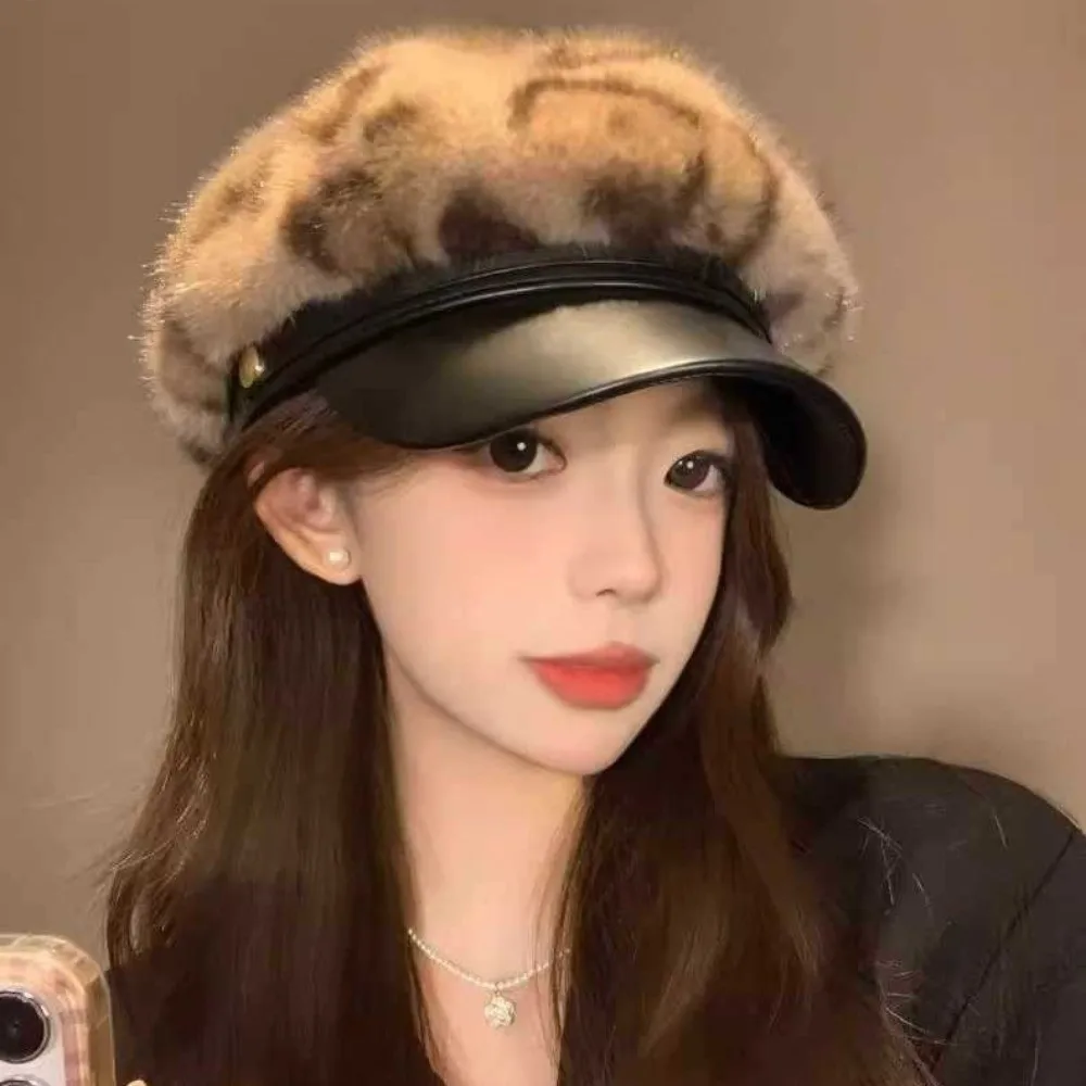 Boina vintage de cuero con estampado de leopardo, gorra octogonal cálida de invierno con visera rígida, estilo newsboy para mujer