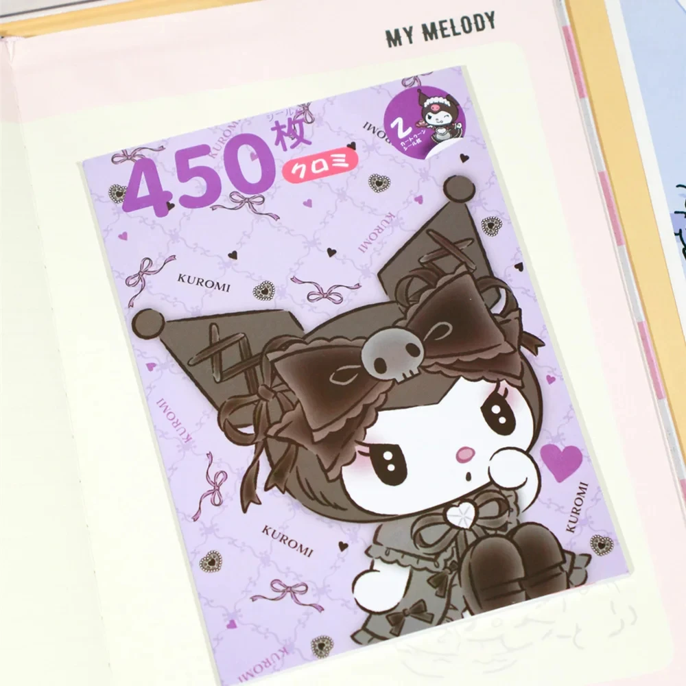 450 buah buku stiker Sanrio kartun Kawaii Kuromi Hello Kitty Melody Goka stiker kartu dekorasi akun tangan untuk hadiah anak perempuan