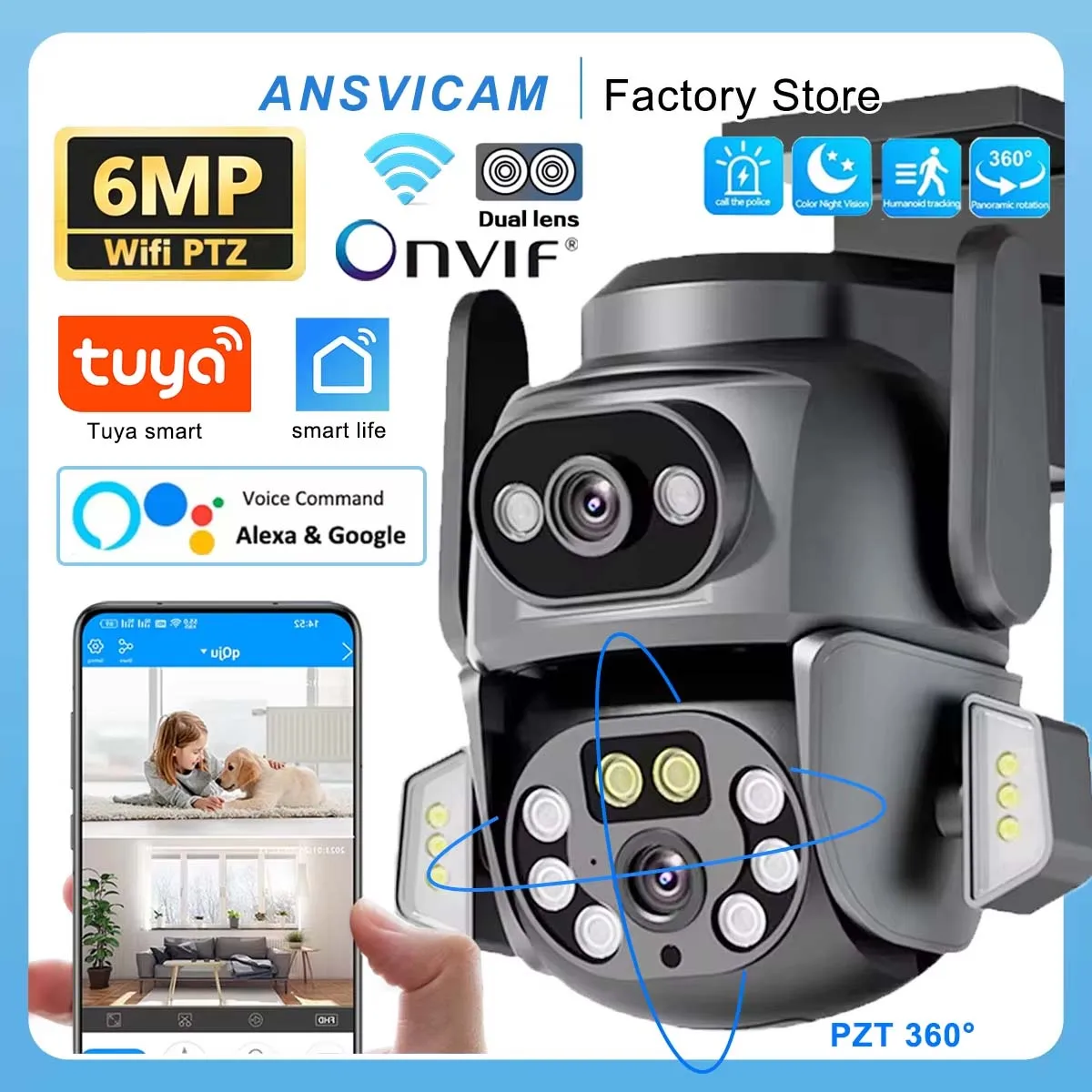 6MP Dual Lens WiFi Camera AI Auto Tracking Home Security Camera IP66 Waterproof TUYA APP CCTV Support Alexa Onvif