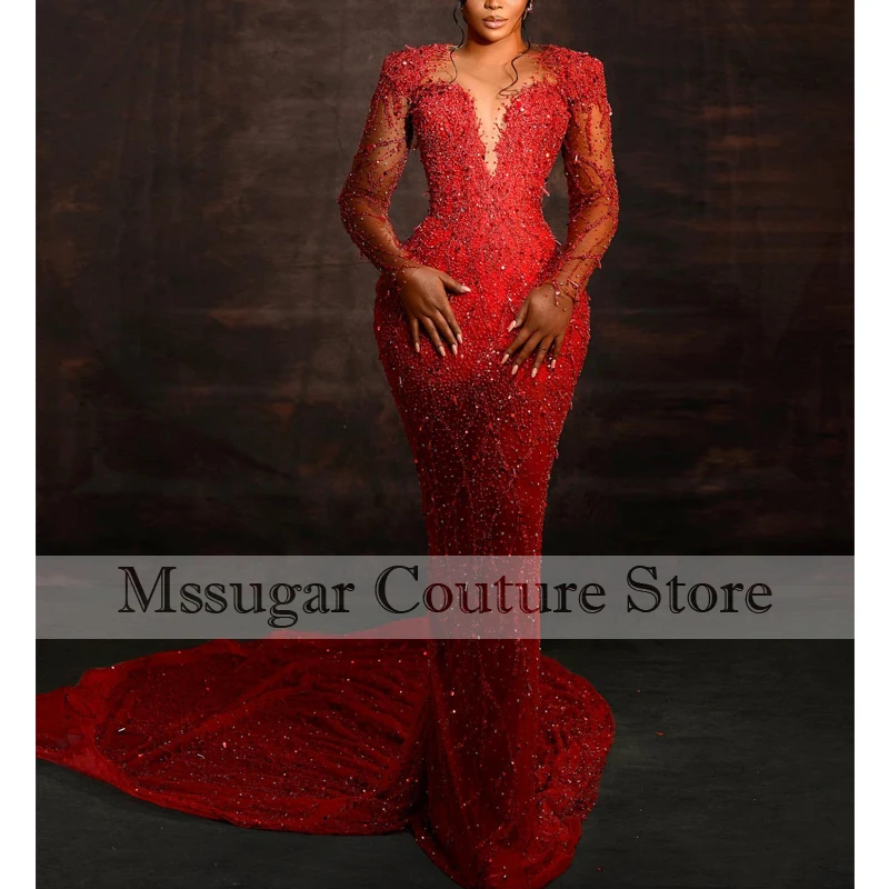 2022 Luxury Red Long Mermaid Prom Dresses Sexy Crystal Sheer neck African Custom Made Evening Party Gowns Robe De Soire Sirene