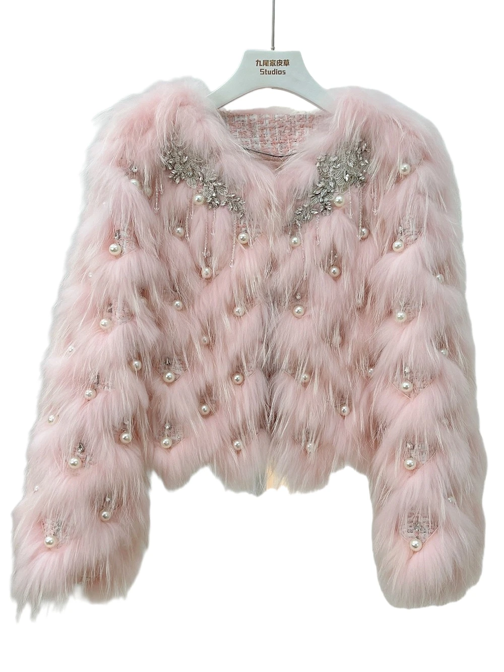 2025 inverno novo casaco de pele de retalhos estilo pérola grosso-fiado, casaco de pele de raposa listrado feminino