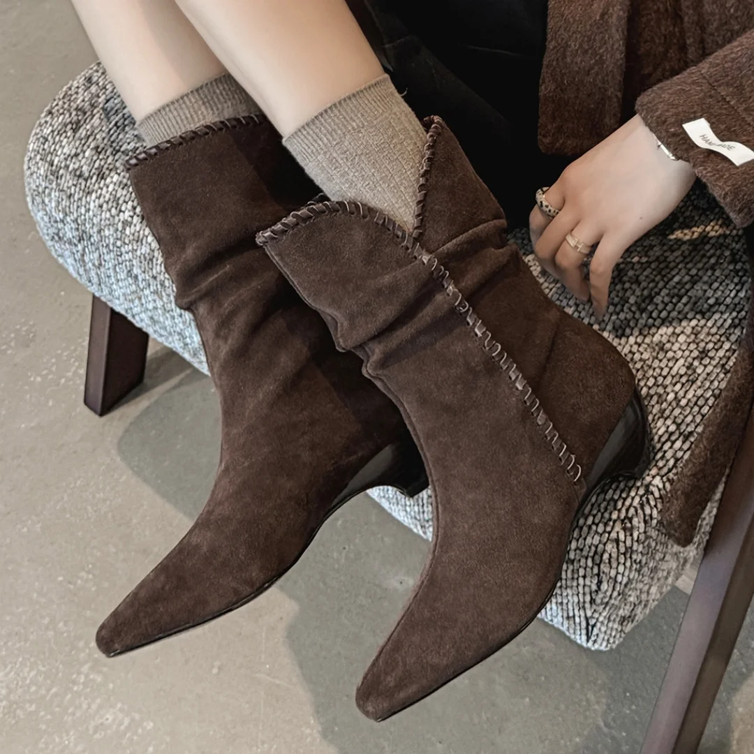 

Женские осенние ботильоны без шнуровки из натуральной замши с острым носком, элегантные женские короткие ботильоны на танкетке 4,5 см