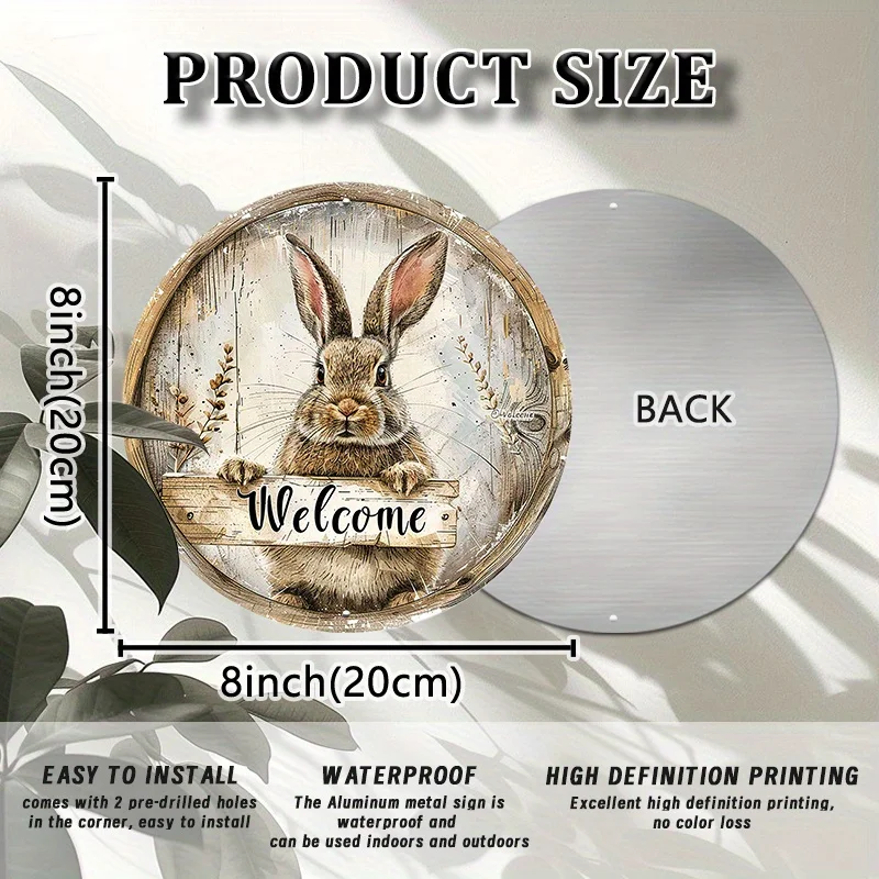 2D Vintage Metal Rabbit Welcome Sign Round Aluminum Wall Decor for Home Garden Cafe Farm Easter Ornament Hanging Door Plate Stor