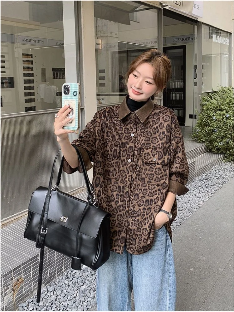 Fashionable Leopard Print Tooling Jacket Women Spring Autumn Street Shirt Top