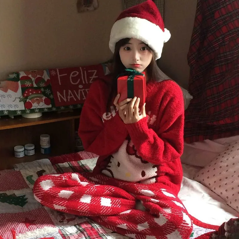 New Year New Hello Kitty Red Pajamas Tops Anime Women Students Thicken Autumn Winter Loose Sweater Girls Warm Cartoon Pullover