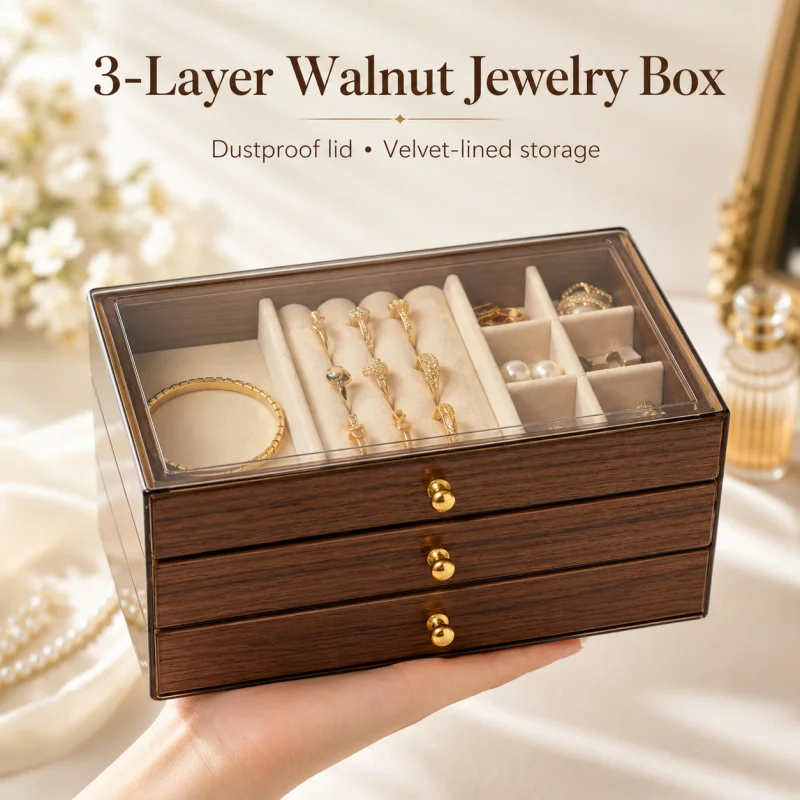 

3 Layers Walnut Wood Jewelry Organizer Box Dustproof Drawer Storage for Women Bracelet Brooch Earring Display