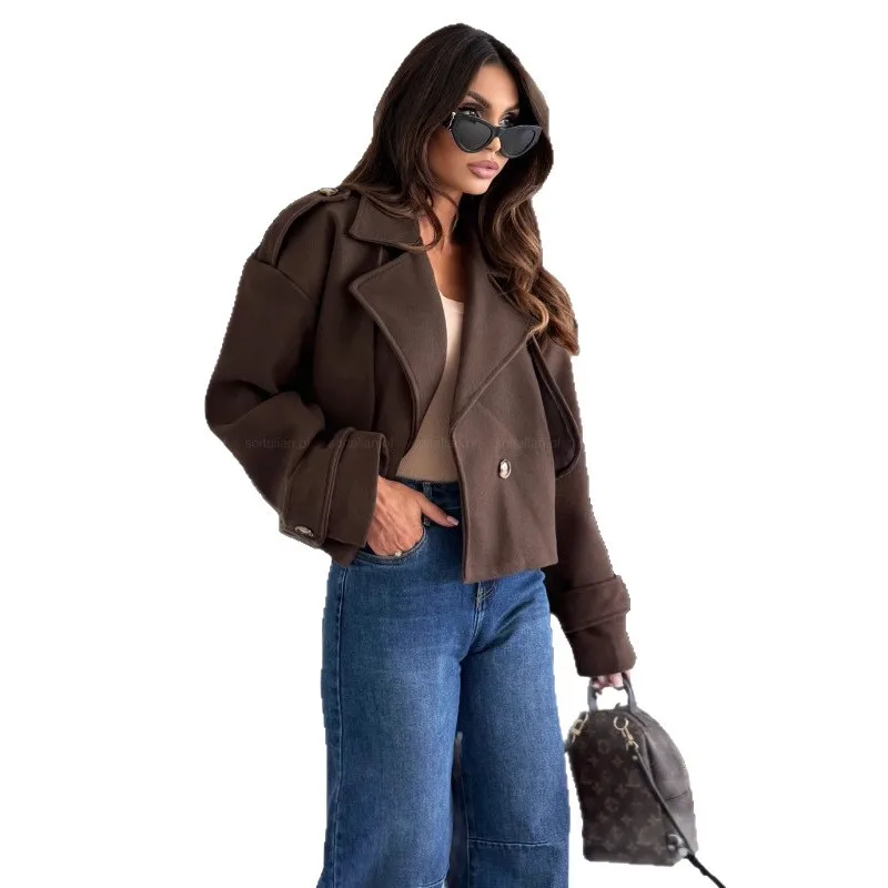 Manteau en laine pour femme, vestes en laine, col rabattu, boutons, couleur unie, pardessus de bureau, vêtements d'extérieur Vintage, automne hiver