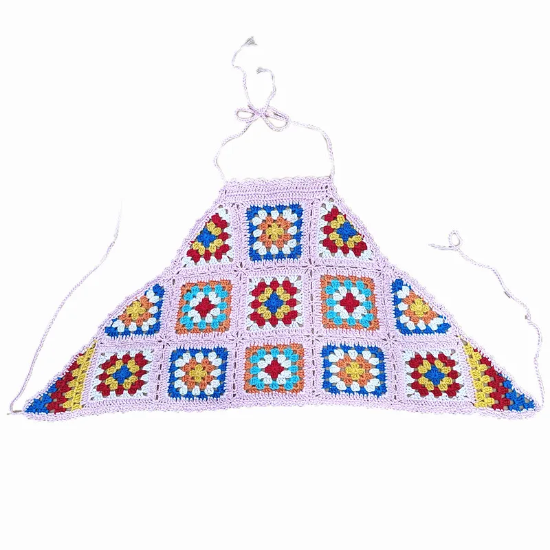 Women Bohemian Abdomen Bellyband Tops Hanging Neck Strap Hand-made Granny Square Hand Crochet Article Manual Hollow Out Knitted