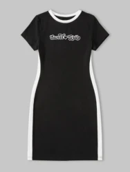 Kid Girls Summer Casual Dress Letter Graphics Patchwork Neck Slim Dress One Piece Thin&Breathable Dress  Black