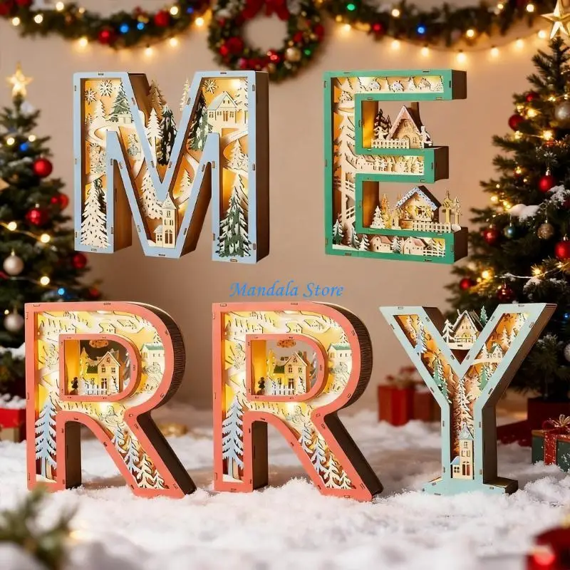

U2JC Carved Merry Table Lamp Hollowed Wooden LED Light Christmas Decoration for Mantels Tabletop Shelf Entryway Display