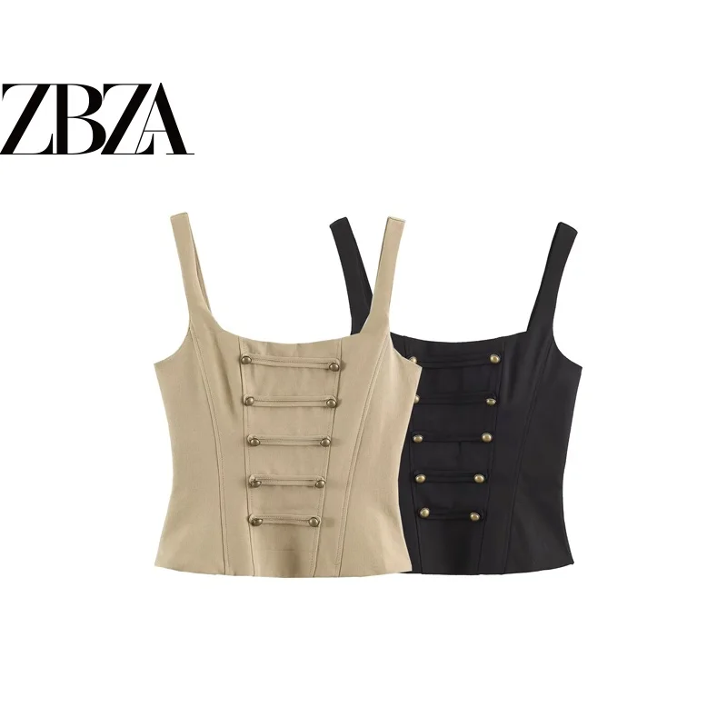 Fashionable Versatile Button Decorated Slim Fit Strap Top Women's T-shirt Standard Fit Polyester Fabric No Sleeve Summer Wear
