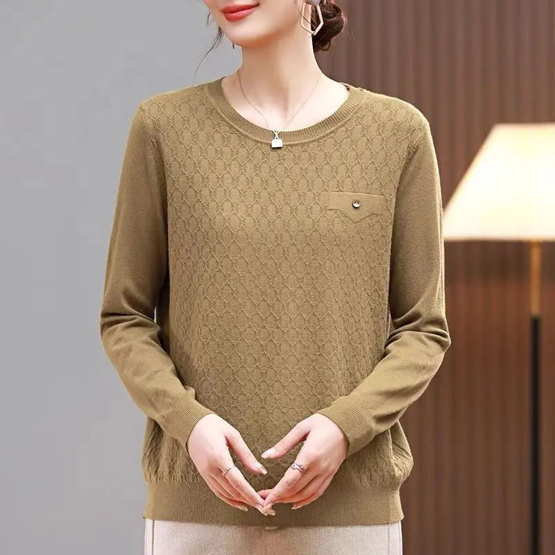 

Spring Autumn Crew Neck Women's Clothing Solid Color Pullover Lantern Long Sleeve Sweater Knitted Elegant Casual Fashion Tops