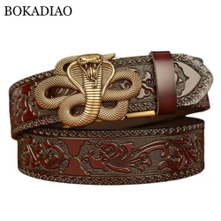 BOKADIAO Men Genuine Leather Belt Luxury Snake Metal Automatic Buckle Cowhide Belts for Men Jeans Waistband Male Strap Black