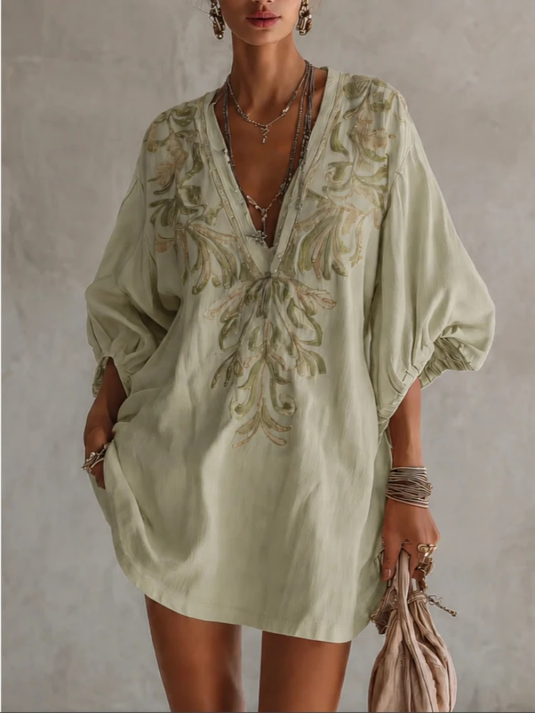 Image of Damen-Kleid mit 3/4-Ärmeln, tiefem V-Ausschnitt, lässig, Vintage-Stil, Blumendruck, lockeres Mini-Partykleid für Strandurlaub, Club, Streetwear