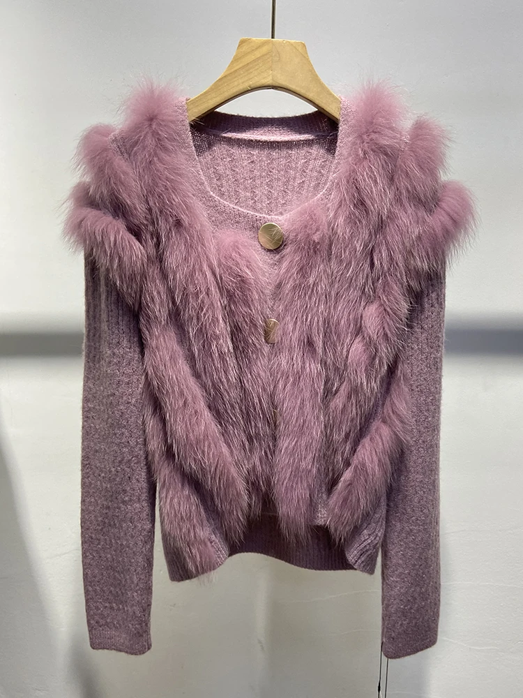 

2024 Women Autumn Pink Real Fox Fur Decoration Knitted Spring Long Sleeve Green Sweater Jacket Coat