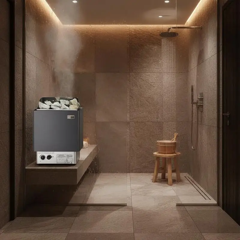 Chauffe-sauna portable 8 kW, 400 V, 3N pour usage intérieur et extérieur avec minuterie 3 heures, commande intégrée pour 8-12 m³, usage commercial dans les hôtels, spas, douches, max. 110 ° C
