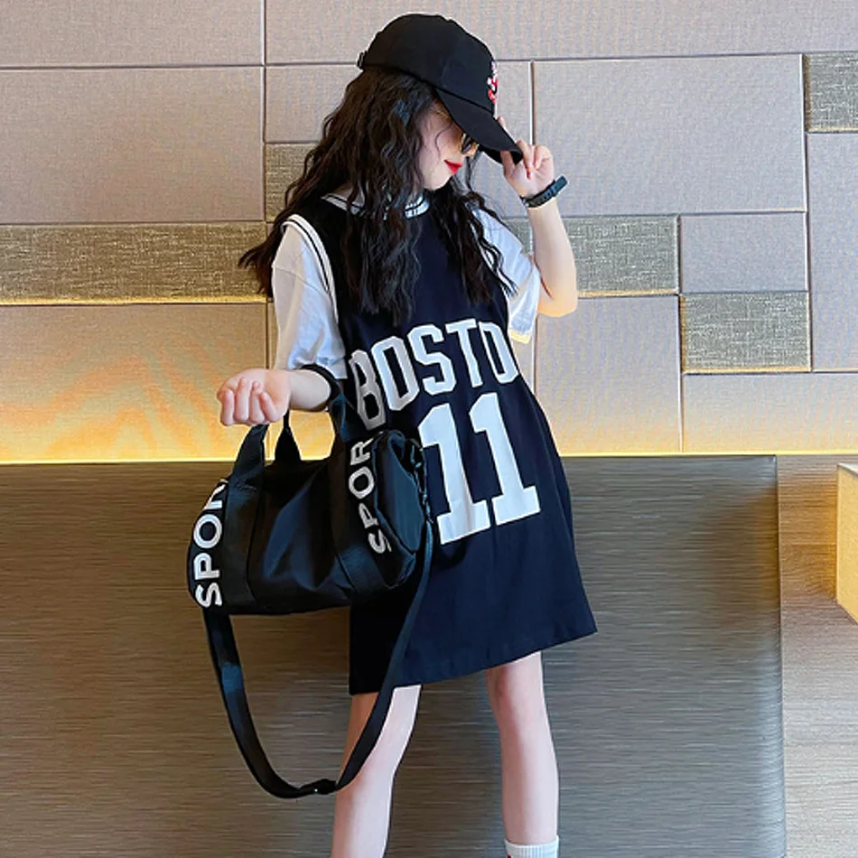 

Летняя повседневная футболка средней длины с короткими рукавами в спортивном стиле, детская модная свободная одежда с буквенным принтом, повседневный костюм для девочек